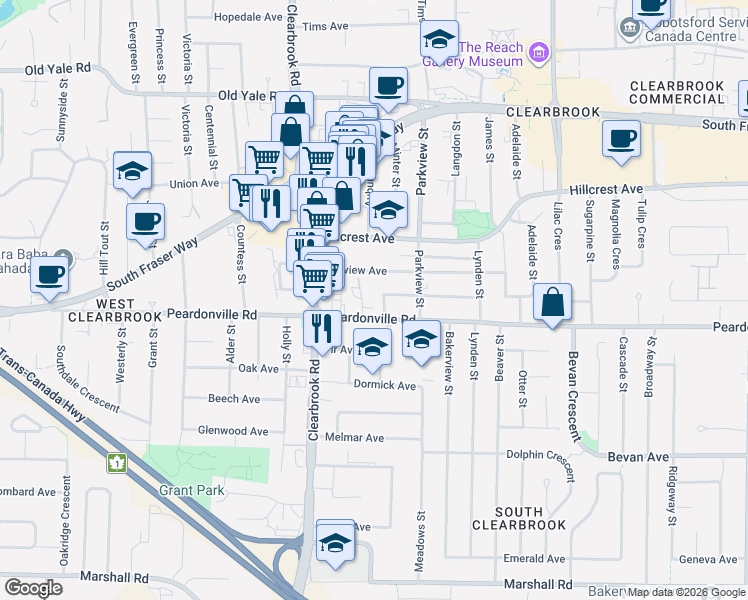 map of restaurants, bars, coffee shops, grocery stores, and more near 2414 Church Street in Abbotsford