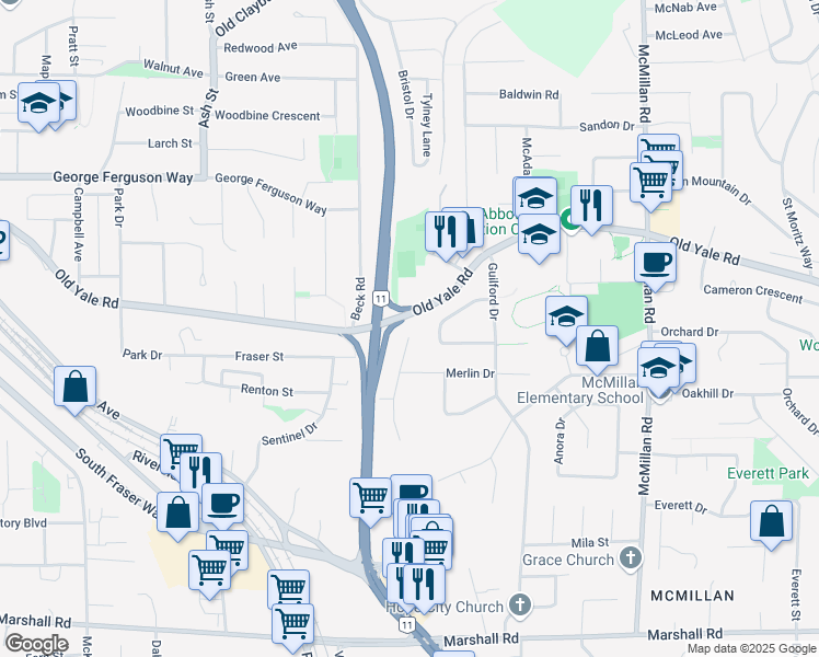 map of restaurants, bars, coffee shops, grocery stores, and more near 2436 Midas Street in Abbotsford