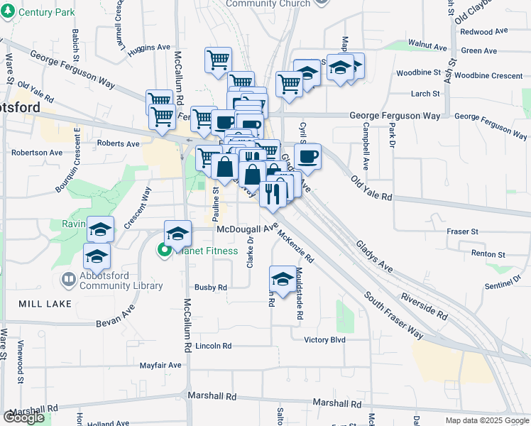 map of restaurants, bars, coffee shops, grocery stores, and more near 33790 South Fraser Way in Abbotsford
