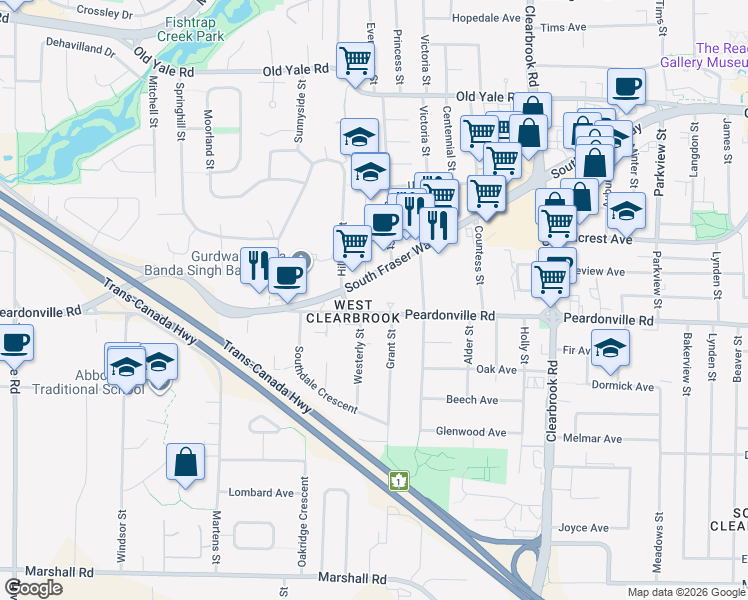 map of restaurants, bars, coffee shops, grocery stores, and more near 31755 South Fraser Way in Abbotsford