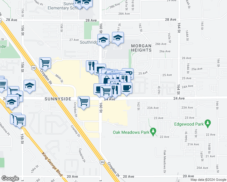 map of restaurants, bars, coffee shops, grocery stores, and more near 16041 24 Avenue in Surrey