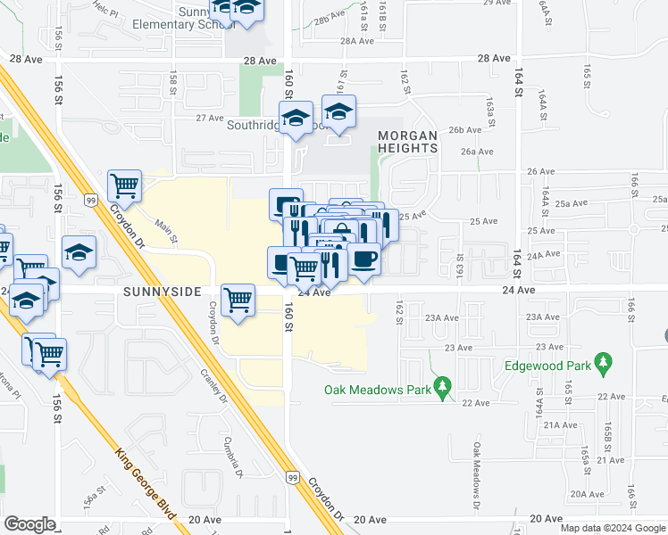 map of restaurants, bars, coffee shops, grocery stores, and more near 18 161 Street in Surrey