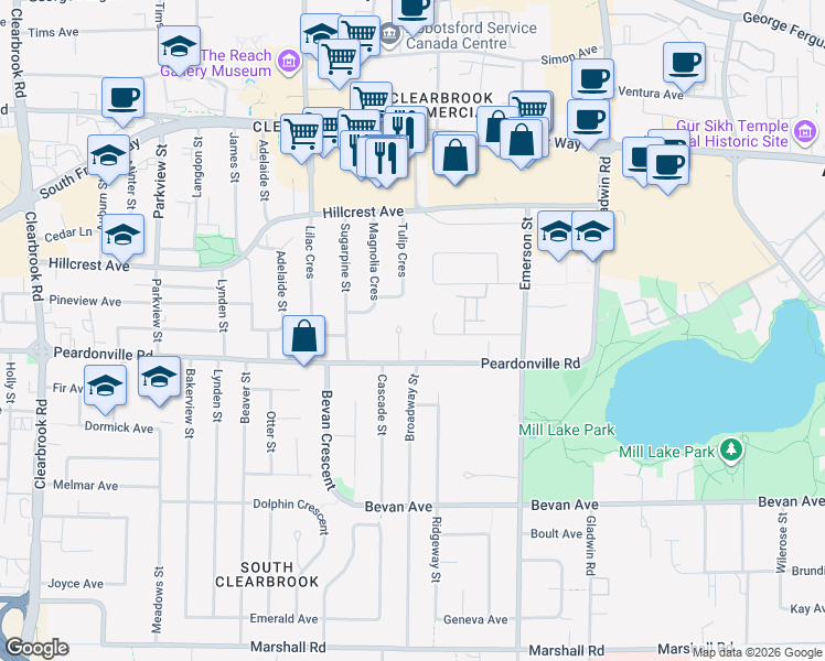 map of restaurants, bars, coffee shops, grocery stores, and more near 32554 Murray Avenue in Abbotsford