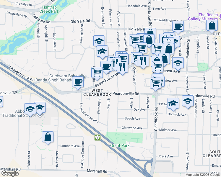 map of restaurants, bars, coffee shops, grocery stores, and more near in Abbotsford