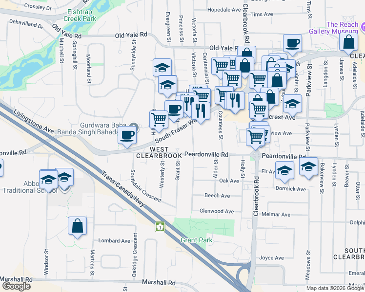 map of restaurants, bars, coffee shops, grocery stores, and more near 31771 Peardonville Road in Abbotsford