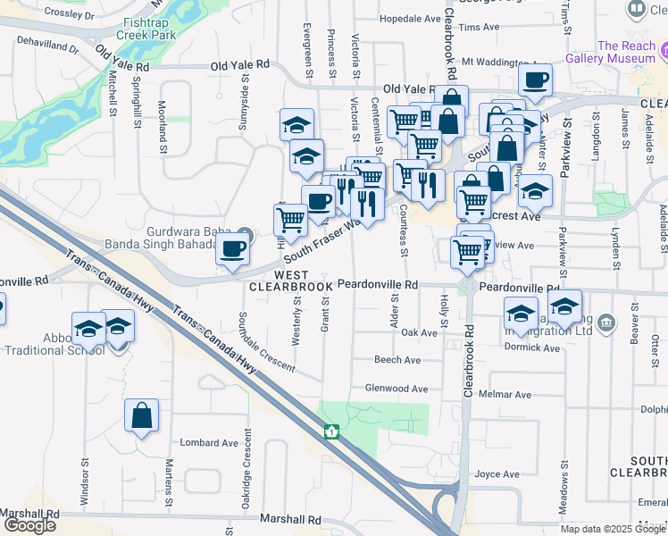 map of restaurants, bars, coffee shops, grocery stores, and more near 31771 Peardonville Road in Abbotsford