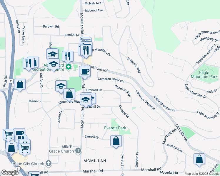map of restaurants, bars, coffee shops, grocery stores, and more near 34959 Orchard Drive in Abbotsford