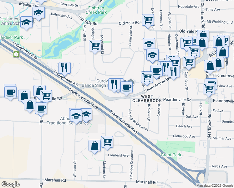 map of restaurants, bars, coffee shops, grocery stores, and more near 31549 South Fraser Way in Abbotsford