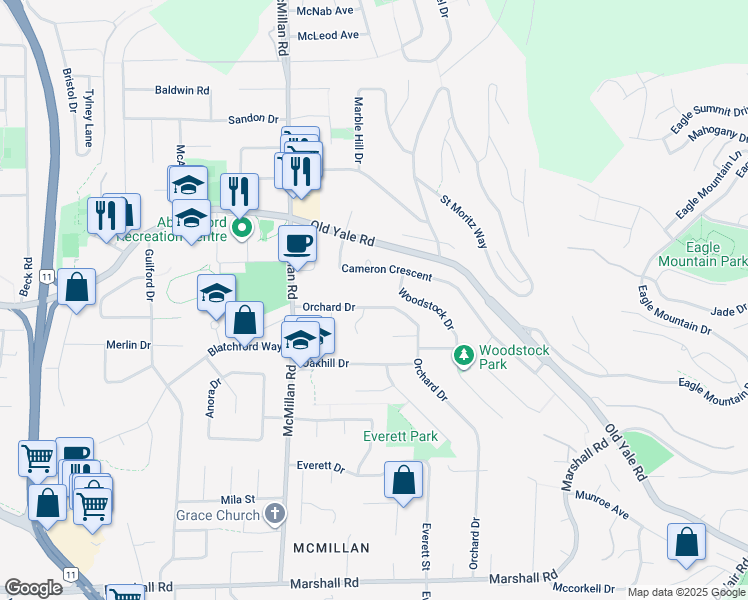 map of restaurants, bars, coffee shops, grocery stores, and more near 34951 Orchard Drive in Abbotsford