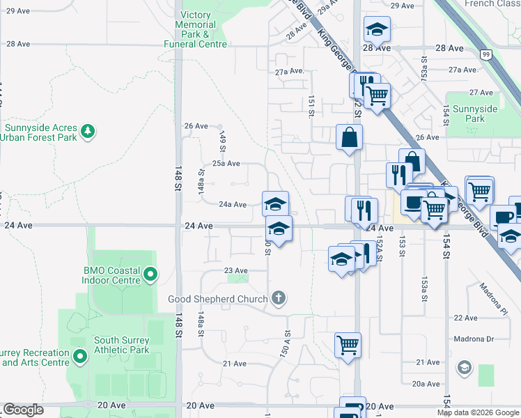 map of restaurants, bars, coffee shops, grocery stores, and more near 2443 150 Street in Surrey