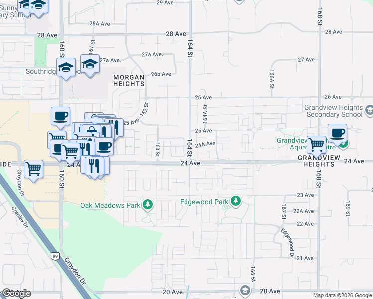 map of restaurants, bars, coffee shops, grocery stores, and more near 2469 164 Street in Surrey
