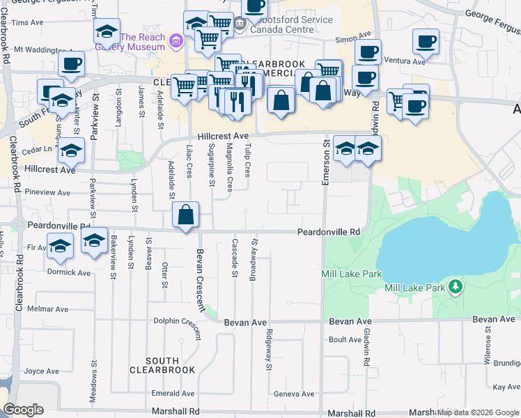 map of restaurants, bars, coffee shops, grocery stores, and more near 32562 Murray Avenue in Abbotsford