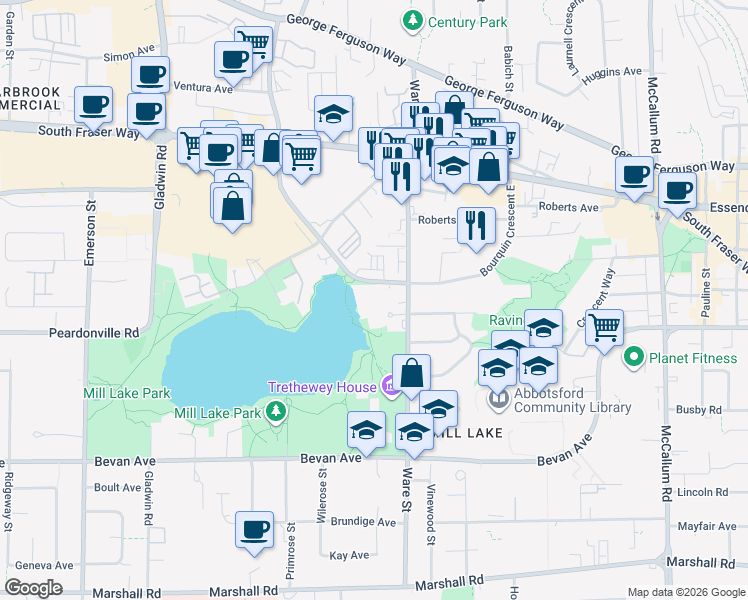 map of restaurants, bars, coffee shops, grocery stores, and more near in Abbotsford