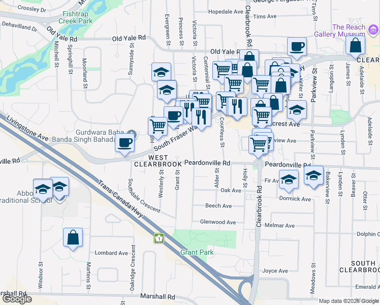 map of restaurants, bars, coffee shops, grocery stores, and more near 2435 Center Street in Abbotsford