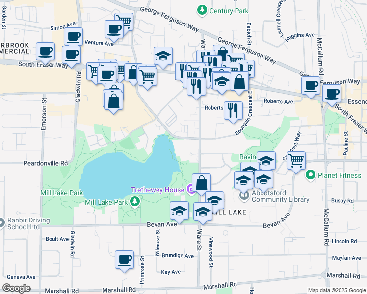 map of restaurants, bars, coffee shops, grocery stores, and more near in Abbotsford