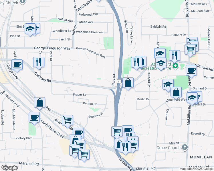 map of restaurants, bars, coffee shops, grocery stores, and more near 34355 Old Yale Road in Abbotsford