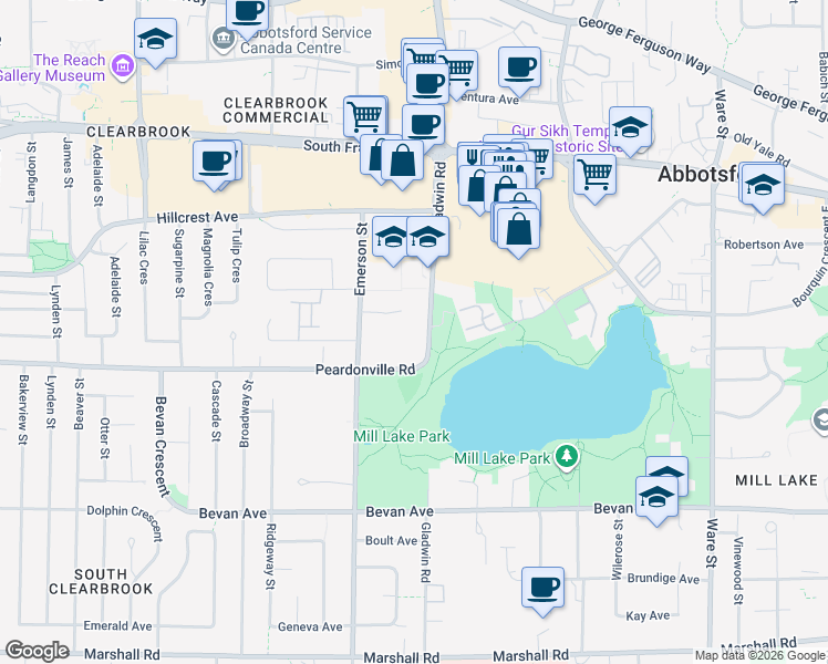 map of restaurants, bars, coffee shops, grocery stores, and more near 2491 Gladwin Road in Abbotsford