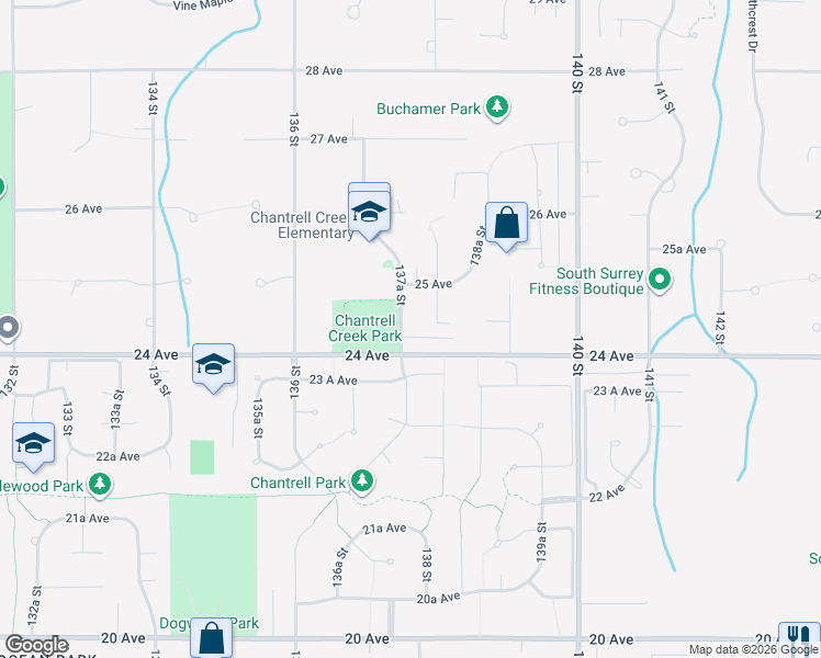 map of restaurants, bars, coffee shops, grocery stores, and more near 2442 137A Street in Surrey