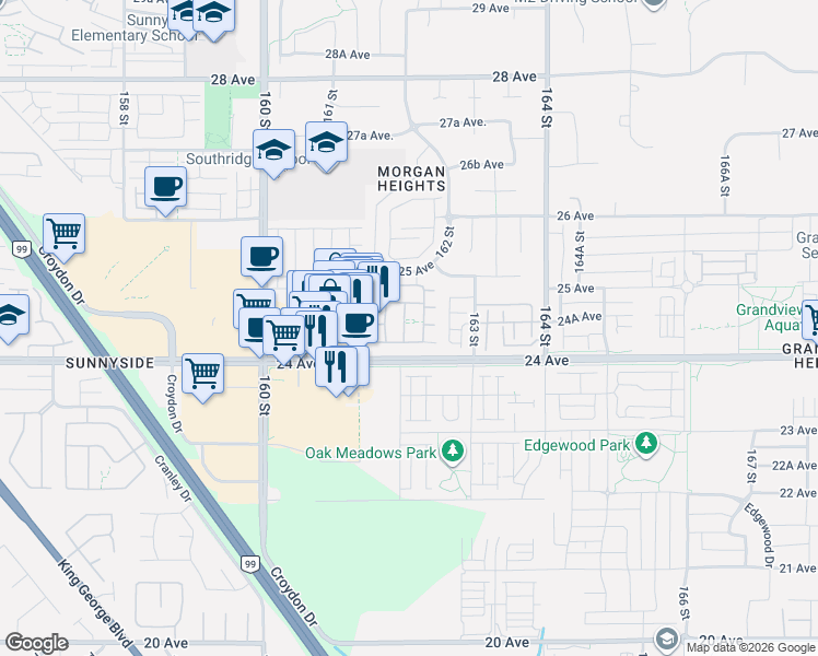 map of restaurants, bars, coffee shops, grocery stores, and more near 2450 161A Street in Surrey