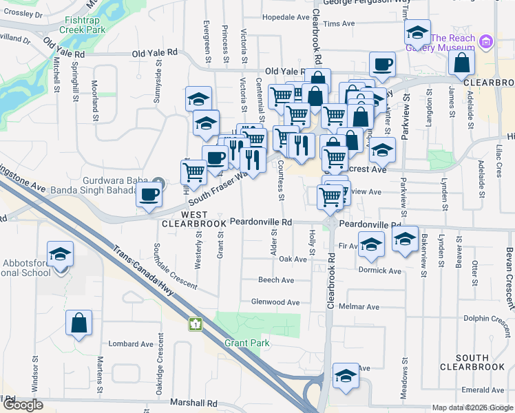 map of restaurants, bars, coffee shops, grocery stores, and more near 31831 Peardonville Road in Abbotsford