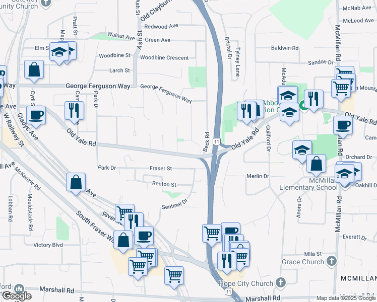 map of restaurants, bars, coffee shops, grocery stores, and more near 34331 Old Yale Road in Abbotsford