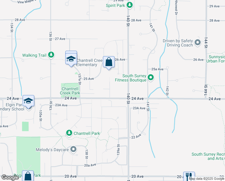 map of restaurants, bars, coffee shops, grocery stores, and more near 2440 139 Street in Surrey