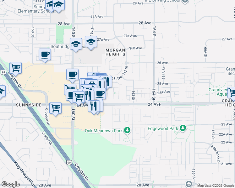map of restaurants, bars, coffee shops, grocery stores, and more near 2450 161A Street in Surrey