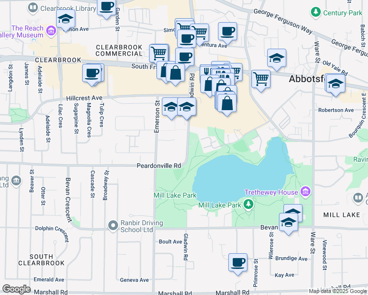 map of restaurants, bars, coffee shops, grocery stores, and more near 2491 Gladwin Road in Abbotsford