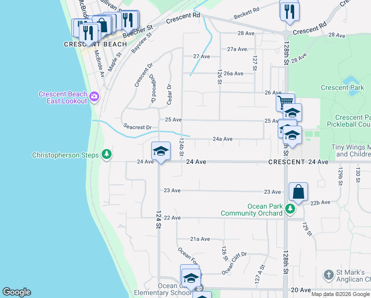map of restaurants, bars, coffee shops, grocery stores, and more near 2440 124B Street in Surrey