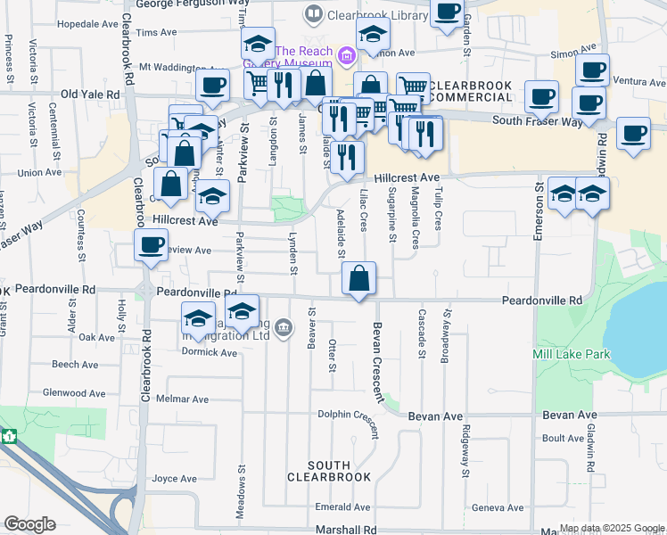 map of restaurants, bars, coffee shops, grocery stores, and more near 2449 Adelaide Street in Abbotsford