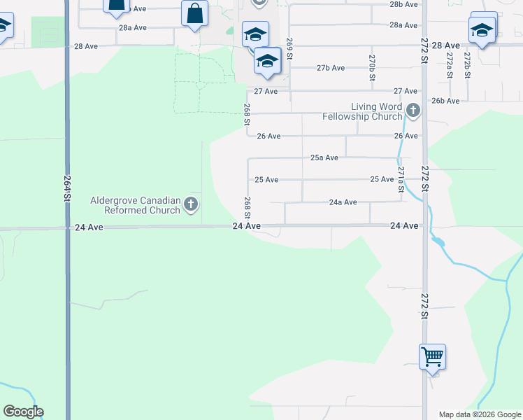 map of restaurants, bars, coffee shops, grocery stores, and more near 2434 268 Street in Langley Township