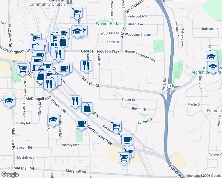 map of restaurants, bars, coffee shops, grocery stores, and more near 34101 Old Yale Road in Abbotsford