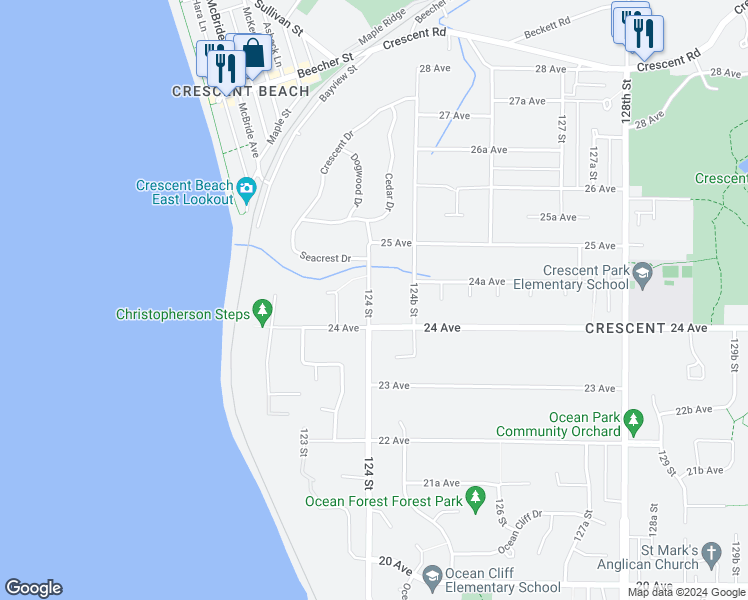 map of restaurants, bars, coffee shops, grocery stores, and more near 2432 124 Street in Surrey