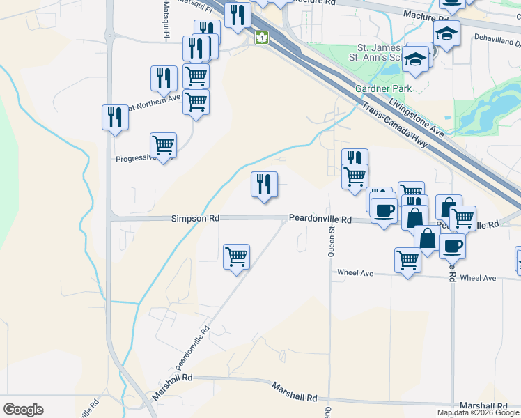map of restaurants, bars, coffee shops, grocery stores, and more near 30711 Simpson Road in Abbotsford