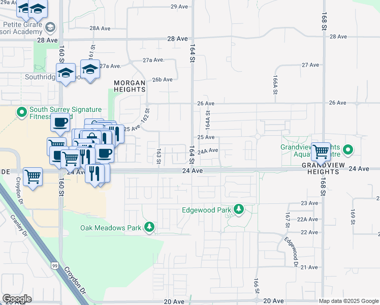 map of restaurants, bars, coffee shops, grocery stores, and more near 2469 164 Street in Surrey