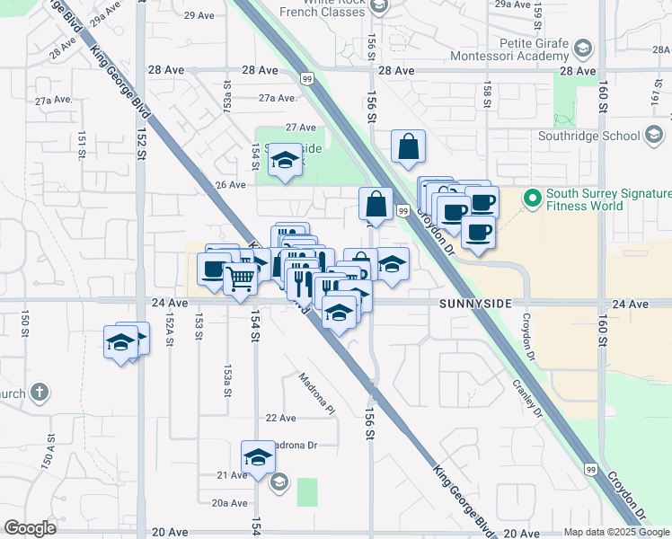 map of restaurants, bars, coffee shops, grocery stores, and more near in Surrey