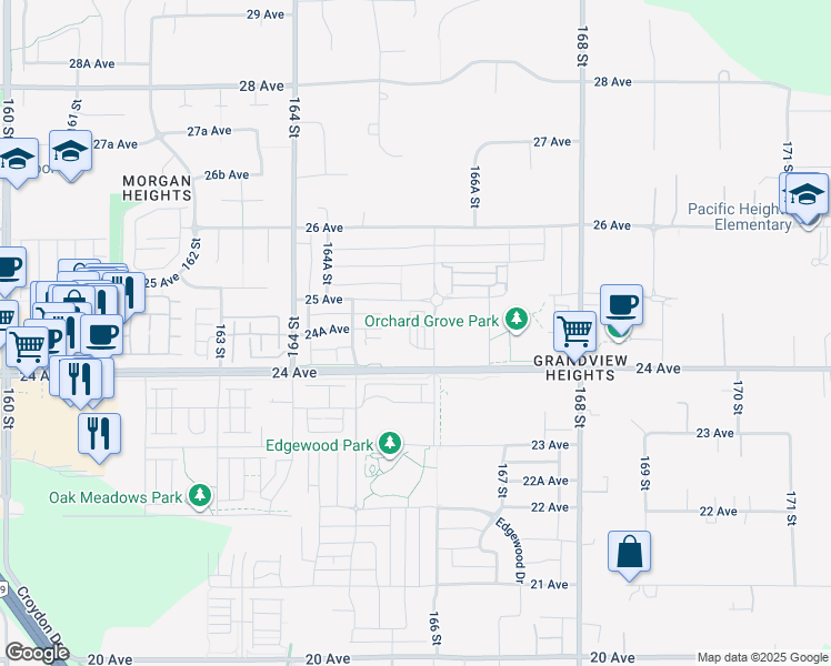 map of restaurants, bars, coffee shops, grocery stores, and more near 16570 24A Avenue in Surrey