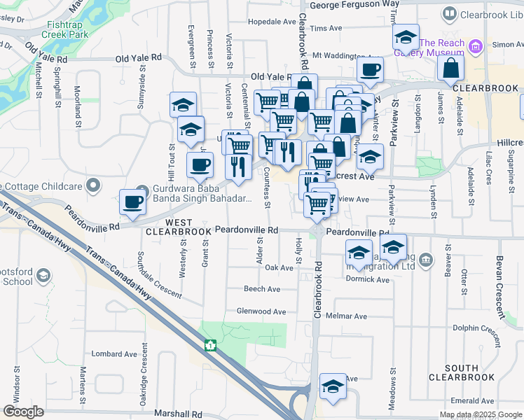 map of restaurants, bars, coffee shops, grocery stores, and more near 2441 Countess Street in Abbotsford