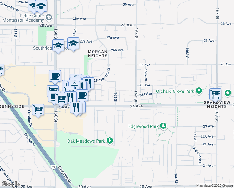 map of restaurants, bars, coffee shops, grocery stores, and more near 2456 163 Street in Surrey