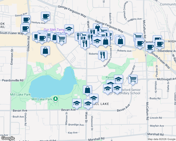 map of restaurants, bars, coffee shops, grocery stores, and more near 2456 Ware Street in Abbotsford