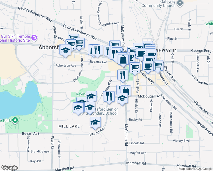 map of restaurants, bars, coffee shops, grocery stores, and more near 2451 Crescent Way in Abbotsford
