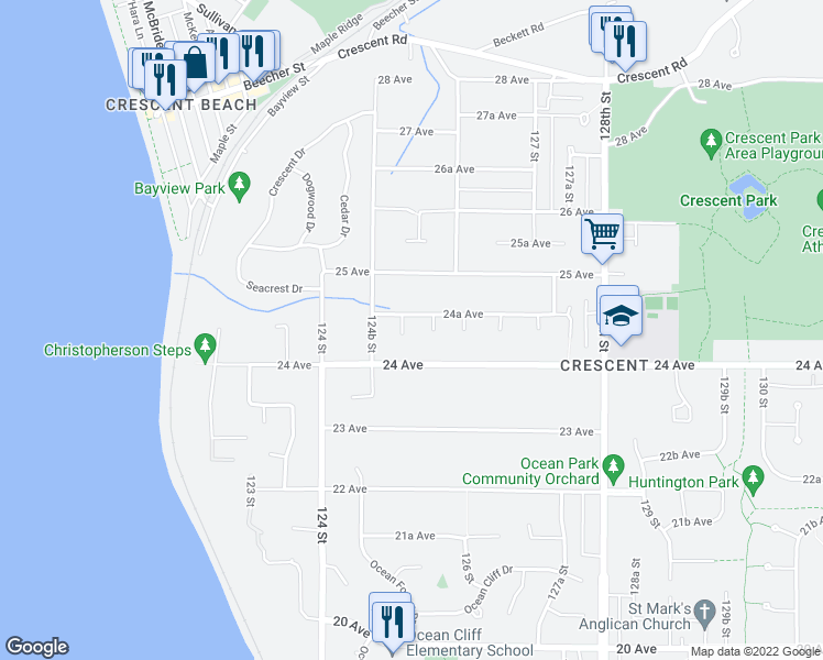 map of restaurants, bars, coffee shops, grocery stores, and more near 2430 125 Street in Surrey