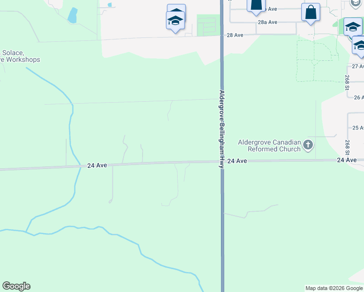 map of restaurants, bars, coffee shops, grocery stores, and more near 26275 24 Avenue in Langley Township