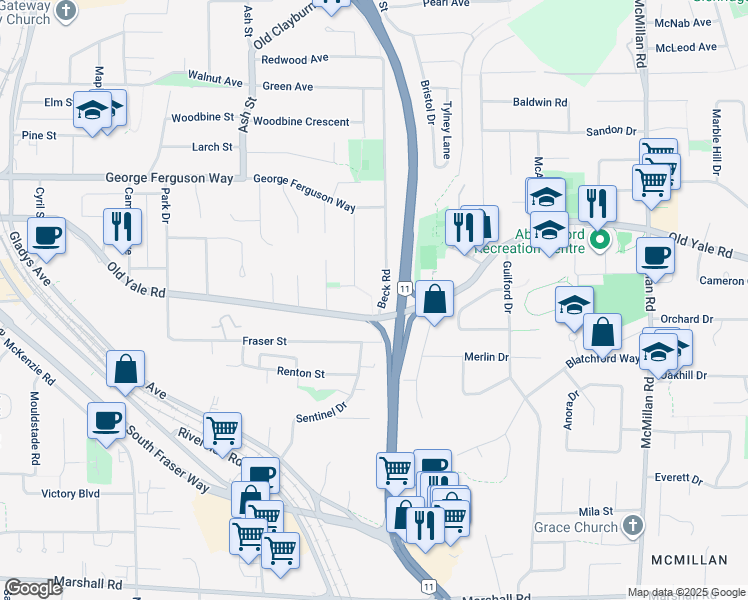map of restaurants, bars, coffee shops, grocery stores, and more near 2461 Beck Road in Abbotsford
