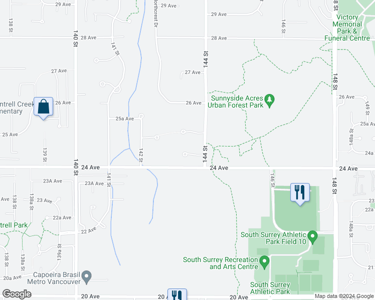 map of restaurants, bars, coffee shops, grocery stores, and more near 14327 24A Avenue in Surrey