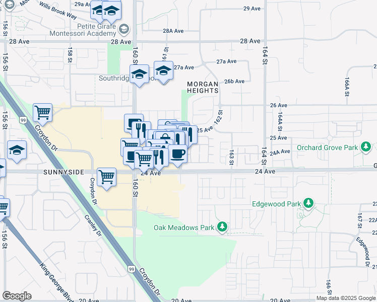 map of restaurants, bars, coffee shops, grocery stores, and more near 50 161A Street in Surrey