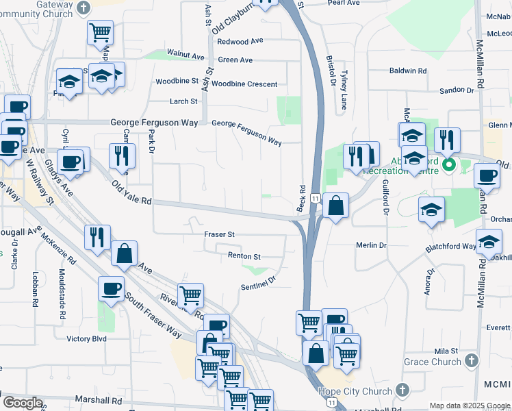 map of restaurants, bars, coffee shops, grocery stores, and more near 2451 Grosvenor Place in Abbotsford