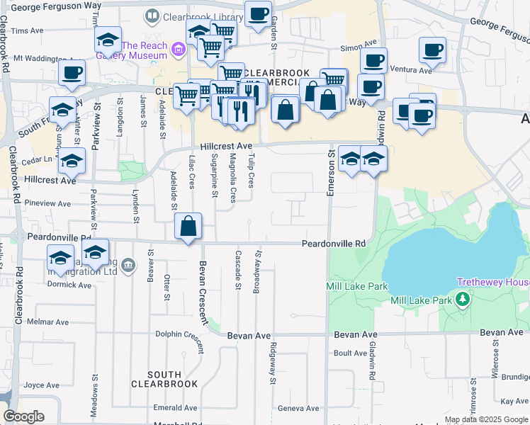 map of restaurants, bars, coffee shops, grocery stores, and more near 32558 Murray Avenue in Abbotsford