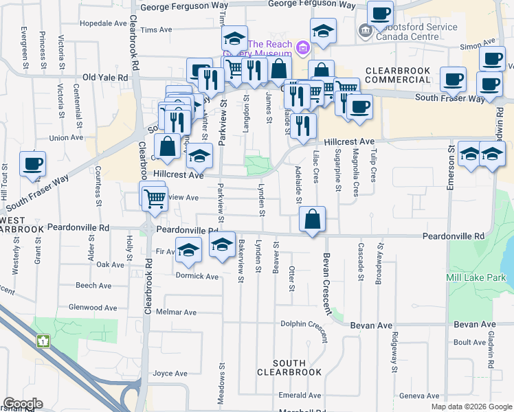 map of restaurants, bars, coffee shops, grocery stores, and more near 2465 Lynden Street in Abbotsford