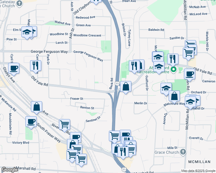 map of restaurants, bars, coffee shops, grocery stores, and more near 2465 Beck Road in Abbotsford
